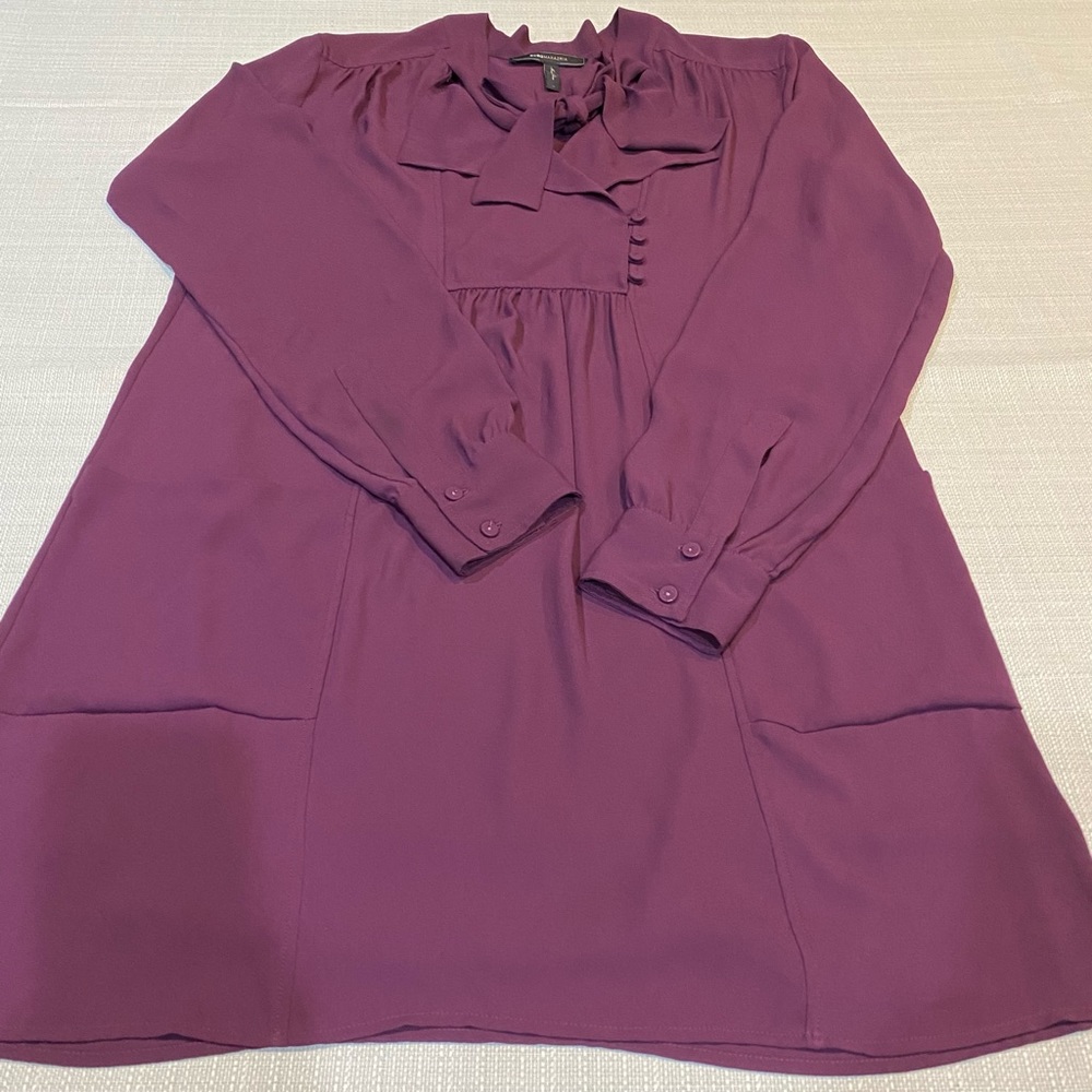 BCBGMaxazria Long Sleeve DaMario Mini Dress w Front Neck Sash in Berry - Picture 3 of 11